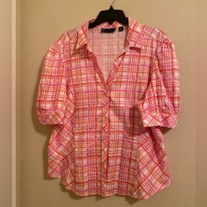 NY&C orange, pink & white plaid puff sleeve button down blouse - Size XXL